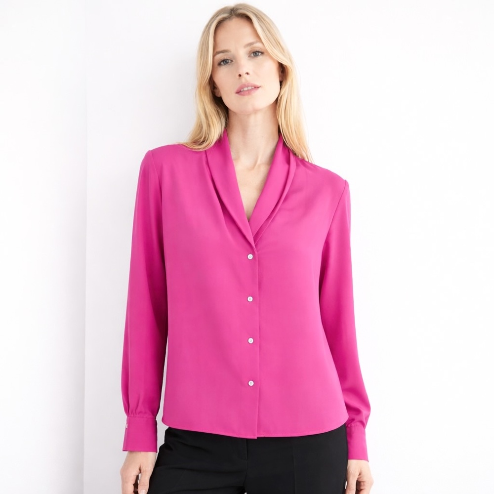 Liz Claiborne -Hot Pink Draped V-Neck Button Blouse Long Sleeve Size 10